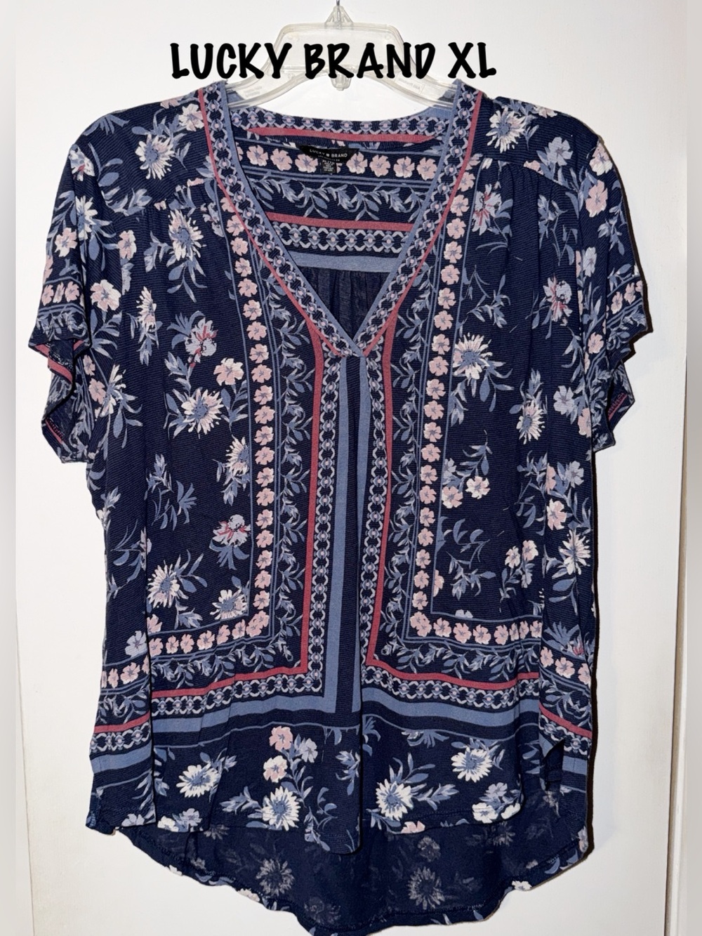 Lucky Brand Navy Floral V-Neck Blouse with Pink Accents